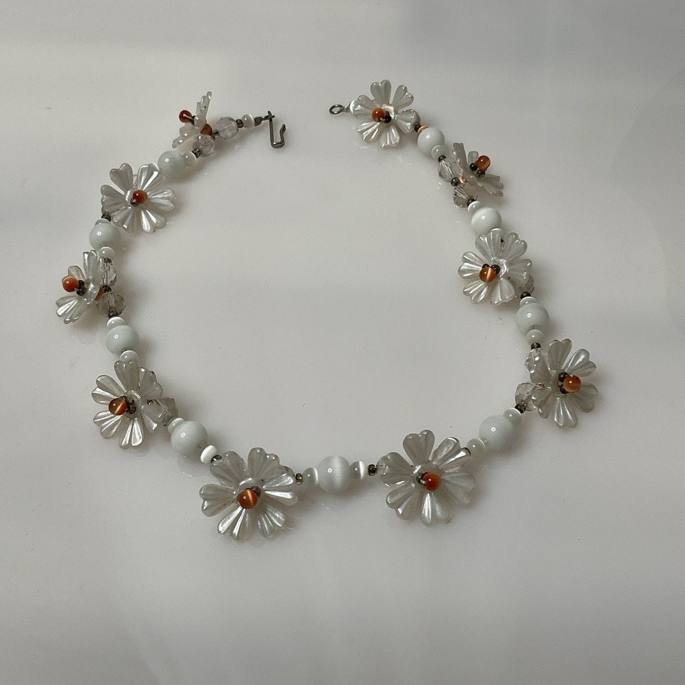 Vintage Mother of Pearl Daisy Flower Necklace Glass Cats Eye Choker 15" Romantic - Picture 6 of 12